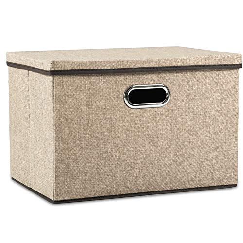 PRANDOM Large Collapsible Storage Bins with Lids [1-Pack] Jute Fabric Foldable Storage Boxes Organizer Containers Baskets Cube with Cover for Home Bedroom Closet Office Nursery (17.7x11.8x11.8) - color: Khaki, size: L(1-Pack)