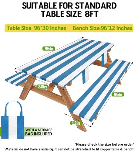 Picnic Table Cover with Bench Covers Tablecloth Fitted Table Cloth Camping Essentials Supplies Rv Travel Must Haves Gear Accessories Outdoor Road Trip Necessities Stuff Gadgets Camper Gadgets Items - color: Blue White Striped, size: 96in