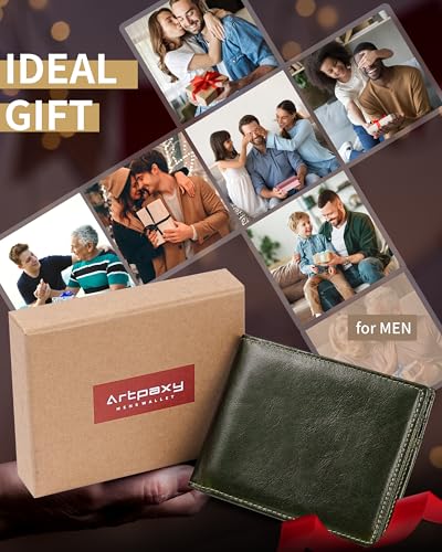 Artpaxy Mens Wallet Bifold Genuine Leather RFID Blocking Wallet for Men with 1 ID Windows 13 Card Holders 2 cash pockets 1 Gift Box - color: Green