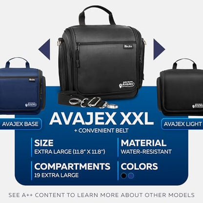 Extra Large (11.8”x11.8”x4”) Hanging Travel Toiletry Bag for Men and Women - Cosmetic Travel Bag With Shoulder Strap - Waterproof Hygiene Bag with Metal Swivel Hook and 19 Compartments for Toiletries - color: XXL Jet Black