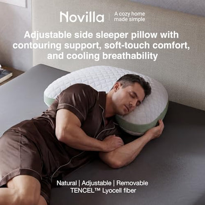 Novilla Tencel Side Sleeper Pillow for Neck and Shoulder Pain, Curved Crescent Design with Adjustable Shredded Memory Foam, Silk-Like Soft Cover for Face & Hair Care, Queen