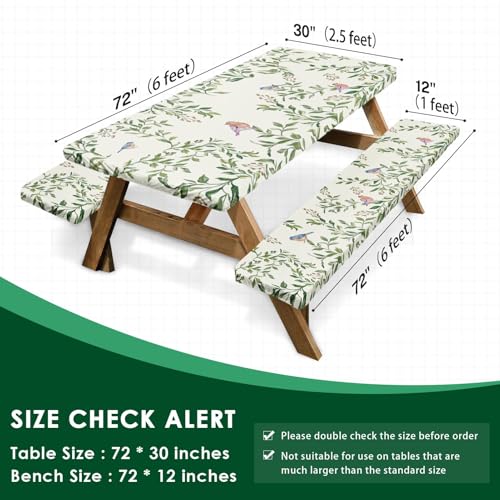 Picnic Table Cover with Bench Covers Elastic Edges, Botanical Bird Camper Fitted Table Cover, Outdoor Camping Essentials 72 Inch 3PCS, Waterproof Camping Fitted Tablecloth with Drawstring Bag - color: Botanical Bird, size: 72in