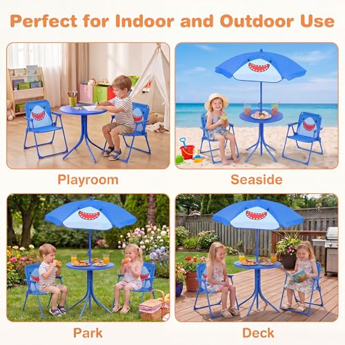 HONEY JOY Kids Picnic Table, Animal Themed Toddler Outdoor Table and Chair Set, 2 Folding Chairs & Removable Umbrella, Children Outdoor Furniture for Backyard Patio Garden (Navy Shark) - color: Navy Shark