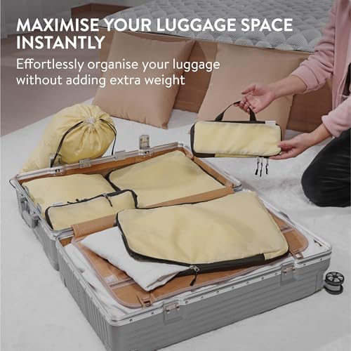 Navaris Compression Packing Cubes Set of 6 - Compressible Travel Bags for Packing Many Sizes - Lightweight Compression Travel Organizer Suitcase Carry On Luggage Backpacks - Beige