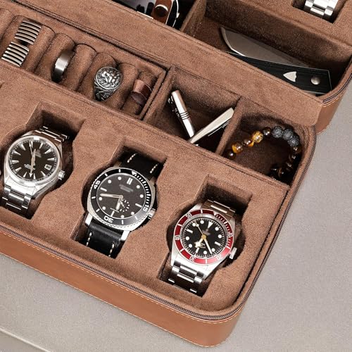 ROTHWELL 8 Watch Travel Case Storage Organizer for 8 Watches, Sunglasses, Rings & Cufflinks |Tough Portable Protection with Zipper Fits Most Wristwatches & Smart Watches Up to 50mm (Tan/Brown) - color: Tan/Brown