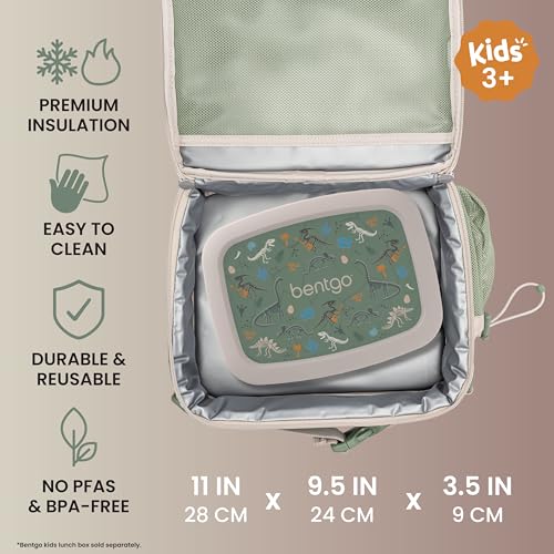 Bentgo Kids Lunch Bag - Durable, Double-Insulated Lunch Bag for Kids 3+; Holds Lunch Box, Water Bottle, & Snacks; Easy-Clean Water-Resistant Fabric & Multiple Zippered Pockets (Dino Fossils) - color: Dino Fossils