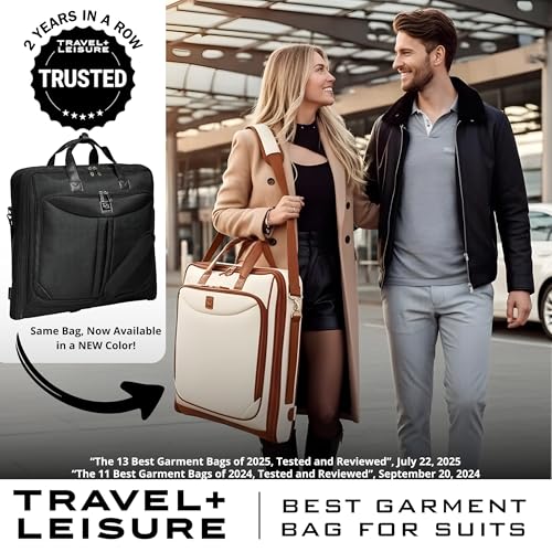 ZEGUR Premium Garment Bag Carry On for Women - Hangs Blazers, Pantsuits & More - Travel Bag with Shoulder Strap and Laptop Compartment (Beige with Saddle Brown Leather) - color: Beige