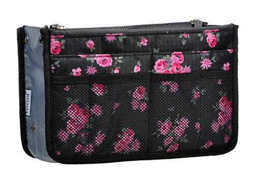 Vercord Purse Organizer Insert for Handbags Bag Organizers Inside Tote Pocketbook Women Nurse Nylon 13 Pockets Black Red Flower Medium - color: Black Red Flower, size: Medium