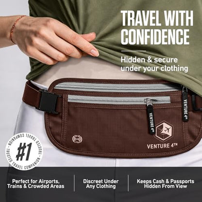 VENTURE 4TH Money Belt for Travel – Slim Hidden Under-Clothes RFID Blocking Anti-Theft Passport Holder & Travel Wallet Pouch for Men & Women to Protect Cash, Cards & Documents (Brown) - color: Brown