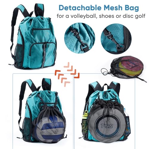 Large Beach Backpack Waterproof Sandproof - Customized Oversized Drawstring Pool Bag with Shoe Compartment for Toiletries, Towels, Gym, Travel - color: Teal