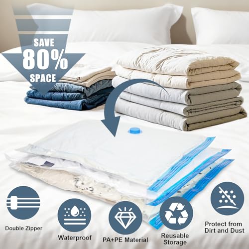 10 Jumbo Vacuum Storage Bags, Vacuum Seal Bags for Clothing Space Saver Compression Storage Bag with Hand Pump Extra Large for Clothing Travel Comforters Blankets Pillow Bedding Duvets Clothes