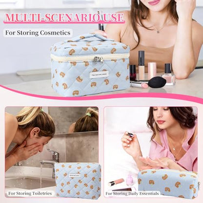 3PCS Coquette Makeup Bag,Quilted Cosmetic Bag Large Make Up Bag Set,Quilted Portable Toiletry Organizer Bag,Cotton Travel Skincare Bag for Women Girls(06-Cute Bear) - style: 06-cute Bear