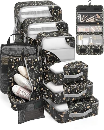 10 Set Packing Cubes for Travel, Gifts for Women Mom,Anti-Tearing Suitcase Organizer,OlarHike Vacation Essentials & Accessories for Cruise Ship - color: 14 Black Flower