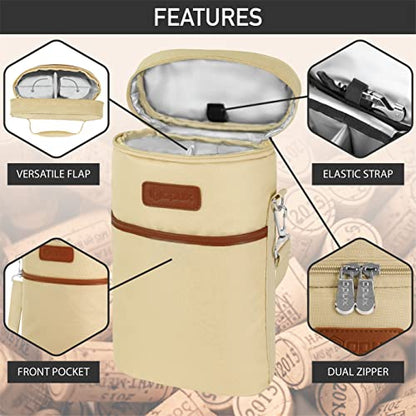 opux 2 Bottle Wine Carrier Tote, Insulated Leakproof Wine Cooler Bag, Wine Travel Bag Tote for Picnic Beach, Portable Wine Bottle Carrying Case, Gift for Wine Lover Women Men Christmas, Cream Beige - color: Cream Beige