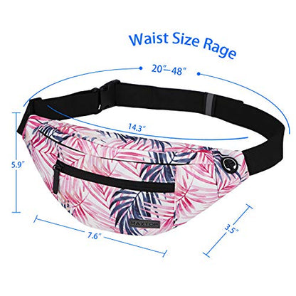MAXTOP Large Crossbody Fanny Pack with 4-Zipper Pockets,Gifts for Enjoy Sports Festival Workout Traveling Running Casual Hands-Free Wallets Waist Pack Phone Bag Carrying All Phones - color: Pink Leaf, style: Large Fanny Pack(4 Zipper Pockets)