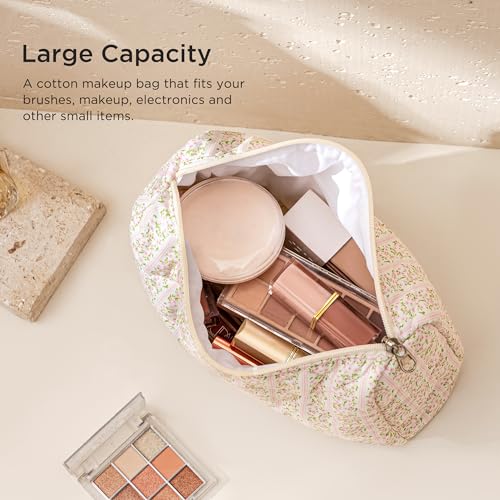 HBselect Initial Quilted Makeup Bag, Pink Cosmetic Travel Toiletry Bag, Flowers Coquette Zipper Make Up Pouch Organizer Teen Girl Gift Trendy Stuff C - color: 1Pc Medium Pinkflower, style: C