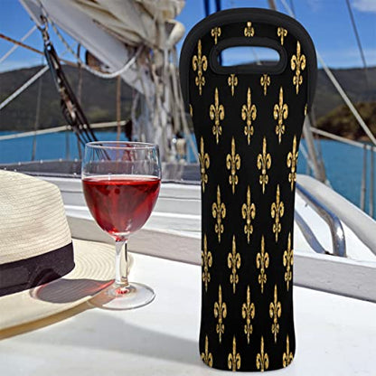 Golden Fleur-de-lis Wine Carrier Tote Bag 750ML Insulated Neoprene Wine Bag Tote Holder Covers Beer Champagne Bottle Protective Travel Or Gift Bag