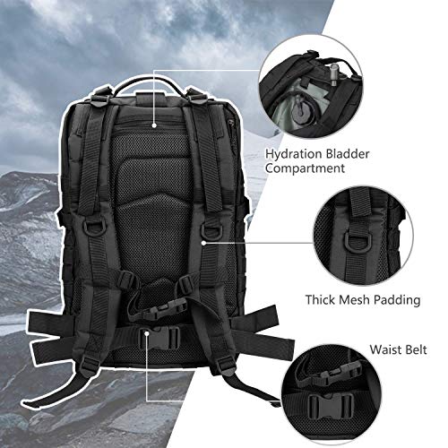 Hannibal Tactical MOLLE Assault Backpack, Tactical Backpack Military Army Camping Rucksack, 3-Day Pack, D-Rings, Black with Gray Patch - color: Black With Grey