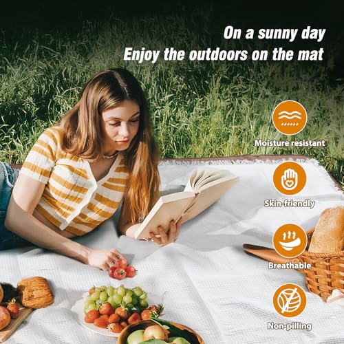 stylish white picnic blanket waterproof and sandproof,all-weather 2-in-1 dual-layer beach blanket for families, outdoor adventures and pets (Grid pattern) - color: White-gird