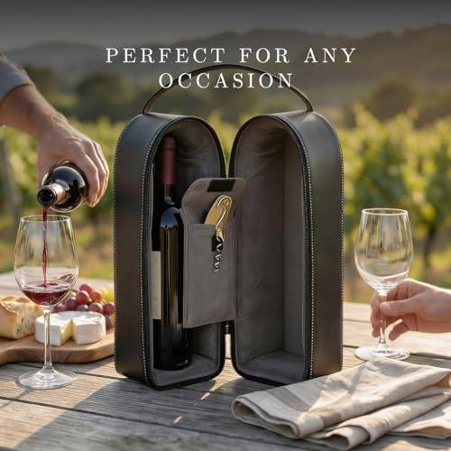 Bey-Berk Genuine Leather Two-Bottle Wine Caddy with Bar Tool (Black), Zippered Travel Case with Strap Handle for Wine Transport and Gifting - color: Black