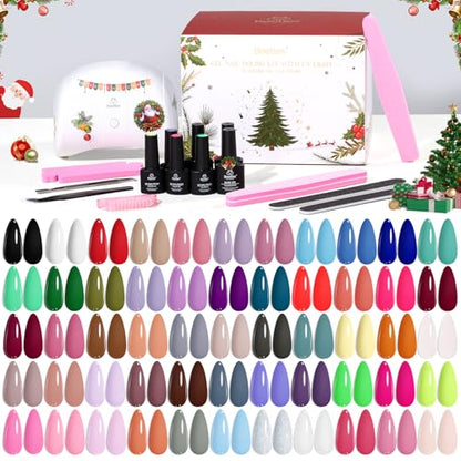 Beetles 80 Pcs Christmas Gel Nail Polish Kit with U V Light - 55 Color Gel Nail Kit Gifts for Women Soak Off Color Enchantment Winter Red Nails Art Home DIY Salon Beginners Manicure Set - color: Christmas Gel Nail Kit