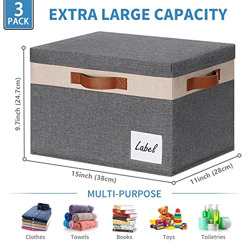 GhvyenntteS Fabric Storage Bins with Lids 3 Pack, Large Fabric Storage Baskets with Lid and Handles, Foldable Closet Organizers and Storage boxes with Label Window for Home (Beige, 15" x 11" x 9.7") - color: Grey with Beige, size: Large-3 Pack