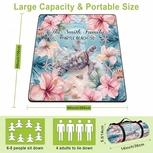 Personalized Waterproof Sandproof Beach Blanket 80''x80'', 3-Layer Foldable Picnic Blanket with Carry Strap, Camping Travel Outdoor Mat for Beach Park Hiking (Hibicus Sea Turle) - color: Hibicus Sea Turle