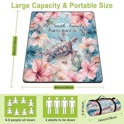 Personalized Waterproof Sandproof Beach Blanket 80''x80'', 3-Layer Foldable Picnic Blanket with Carry Strap, Camping Travel Outdoor Mat for Beach Park Hiking (Hibicus Sea Turle) - color: Hibicus Sea Turle