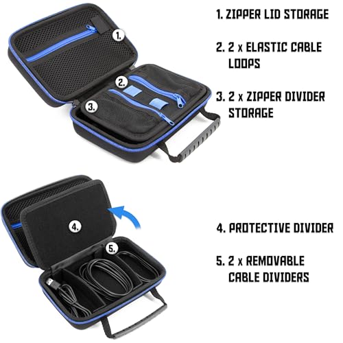 CASEMATIX Hard Shell Electronics Organizer Travel Case with 2 Adjustable Cable Bag Dividers, 3 Zipper Pouches and Elastic Cable Loops - Compact and Protective Charger & Travel Cord Organizer