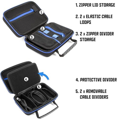 CASEMATIX Hard Shell Electronics Organizer Travel Case with 2 Adjustable Cable Bag Dividers, 3 Zipper Pouches and Elastic Cable Loops - Compact and Protective Charger & Travel Cord Organizer