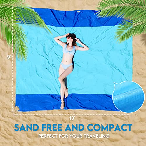 BYDOLL Nylon Beach Blanket Waterproof Sandproof Oversized 10'x9' Suits 1-8 Adults Sand Free Extra Large Blanket Lightweight Soft Picnic Mat for Beach Travel Camping - color: Blue2, size: 10'X 9'