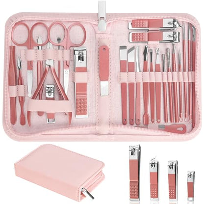 Nail Clippers Set, 26 Piece Manicure Set & Pedicure Kit, Stainless Steel Fingernail & Toenail Clipper Cutters, Professional Nail Care Tools with Luxurious Travel Case for Men and Women, Metallic Pink - color: Metallic Pink