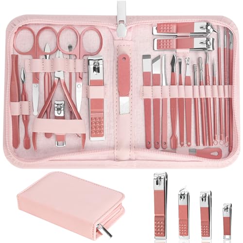 Nail Clippers Set, 26 Piece Manicure Set & Pedicure Kit, Stainless Steel Fingernail & Toenail Clipper Cutters, Professional Nail Care Tools with Luxurious Travel Case for Men and Women, Metallic Pink - color: Metallic Pink