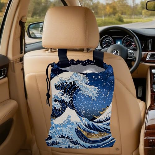 Great Sea Wave Car Garbage Bag, Small Car Trash Bag Hanging Back of Seat,Drawstring Car Trash Bag with Adjustable Buckle,Car Accessories for Camping Travelling - color: Great Sea Wave