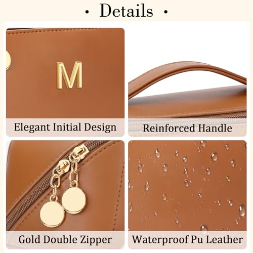 Birthday Gifts for Women Teen Girl, Personalized Initial Makeup Organizer Bag Set, Open Flat Travel Cosmetic Bag With Clear Divider and Handle(Brown,M) - color: Brown, style: M