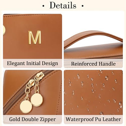 Birthday Gifts for Women Teen Girl, Personalized Initial Makeup Organizer Bag Set, Open Flat Travel Cosmetic Bag With Clear Divider and Handle(Brown,M) - color: Brown, style: M