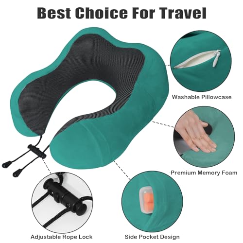 Travel Pillow, Memory Foam Neck Pillow for Traveling, U Shape Neck Pillow Airplane Portable Flight Pillow Travel Kit with 5D Contoured Eye Masks and Earplug for Plane Train Car Home Office - color: Green
