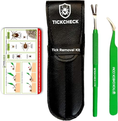 TickCheck Premium Tick Remover Kit - Stainless Steel Tick Remover + Tweezers, Leather Case, and Free Pocket Tick Identification Card (1 Set)