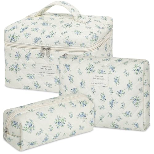 senbowe Floral Makeup Bag, 3 Pack Large Cotton Quilted Makeup Bag Set, Cute Floral Coquette Aesthetic Toiletry Bag Make Up Cosmetic Bag for Women, Toiletry Travel Make Up Organizer Bag - color: Blue-Green Flower