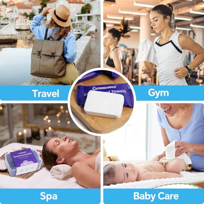 Cottonessence Premium Compressed Towels (50-Pack) - 9.4" x 11.8" Individually Wrapped Coin Tissues, Portable Towels for Travel, Hiking, Gym, Spa, Beauty Salon, Makeup, Baby Care, Outdoor Use - size: 50 Count (Pack of 1)