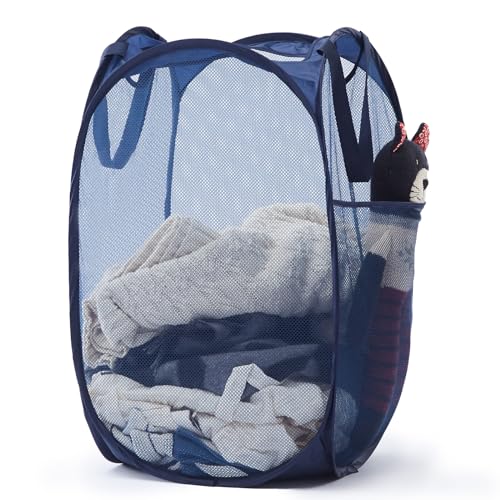 TECHMILLY Upgraded 105L Collapsible Mesh Pop Up Laundry Hamper with Sturdy Handles and Side Pocket - Portable Foldable Clothes Baskets for Dorm, Bathroom & Travel Storage (Blue Plus) - color: Blue Plus, size: 1 Pack