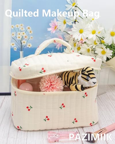 PAZIMIIK Quilted Makeup Bag Large Travel Zipper Soft Cosmetic Case for Women Girls Make Up,Cherry Beige - color: Cherry Beige, size: 1 PCS Bag