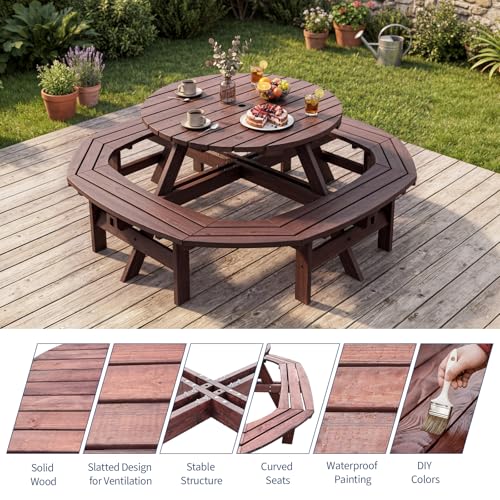 Garvee 8 Person Wooden Picnic Table, Outdoor Picnic Tables with 4 Built-in Benches, Circular Camping Dining Table and Chairs Set with Umbrella Hole for Garden, Patio, Backyard, Walnut Brown