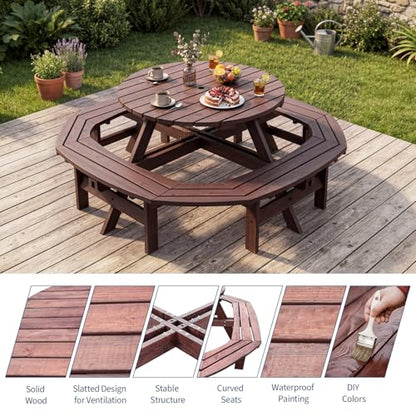 Garvee 8 Person Wooden Picnic Table, Outdoor Picnic Tables with 4 Built-in Benches, Circular Camping Dining Table and Chairs Set with Umbrella Hole for Garden, Patio, Backyard, Walnut Brown