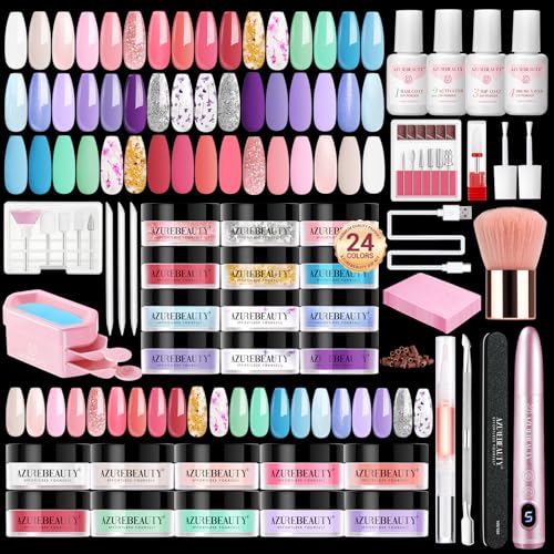 AzureBeauty Dip Powder Nail Kit with Electric Nail Drill 24 Colors Spring Summer Macarons Purple Pink Nail Starter Kit with Dip Liquids Base Top Coat Activator Portable French Art Essential Easter Set - color: Macaron Pastel Pink Purple