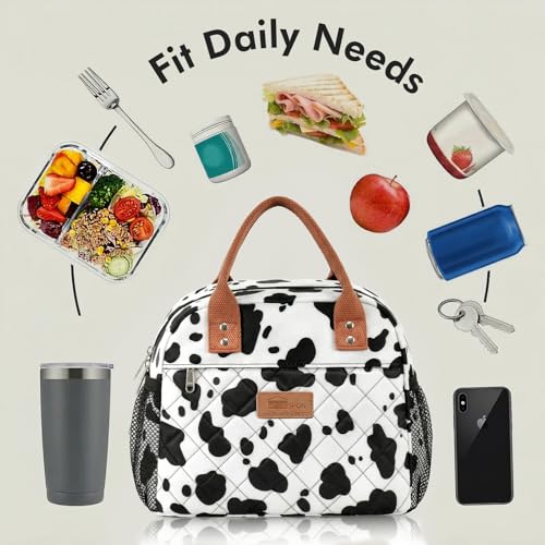 HOMESPON Insulated Lunch Bag for Women Men Adults Lunch Tote with Front Pocket Lunch Box Container Cooler Bag for Work Picnic (Cow Print) - color: Cow Print