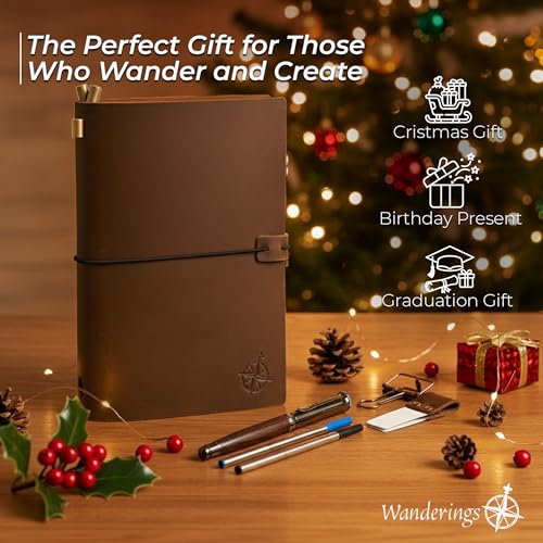 WANDERINGS A5 Travelers Notebook Bundle – 6" x 8.5" (15 x 22cm) – Genuine Leather Journal with Pen Holder, Pen, 2 Ink Refills, PVC Folder & Binder Clip - size: A5