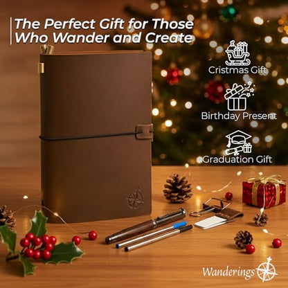 WANDERINGS A5 Travelers Notebook Bundle – 6" x 8.5" (15 x 22cm) – Genuine Leather Journal with Pen Holder, Pen, 2 Ink Refills, PVC Folder & Binder Clip - size: A5