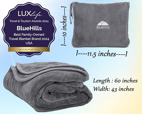 BlueHills Premium Soft Travel Blanket Pillow Airplane Flight Blanket Throw Bag Pillowcase Compact Large 2 in 1 Combo Warm Traveling Plane Essentials Portable Gifts Lightweight Grey Gray T007 - color: Gray-1pk-t007