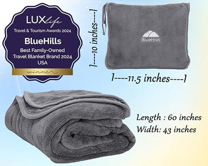 BlueHills Premium Soft Travel Blanket Pillow Airplane Flight Blanket Throw Bag Pillowcase Compact Large 2 in 1 Combo Warm Traveling Plane Essentials Portable Gifts Lightweight Grey Gray T007 - color: Gray-1pk-t007